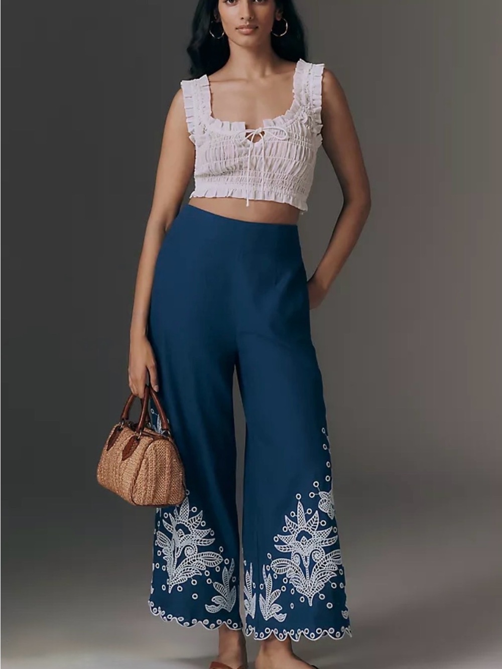 Farm Rio linen blend crochet flower pants